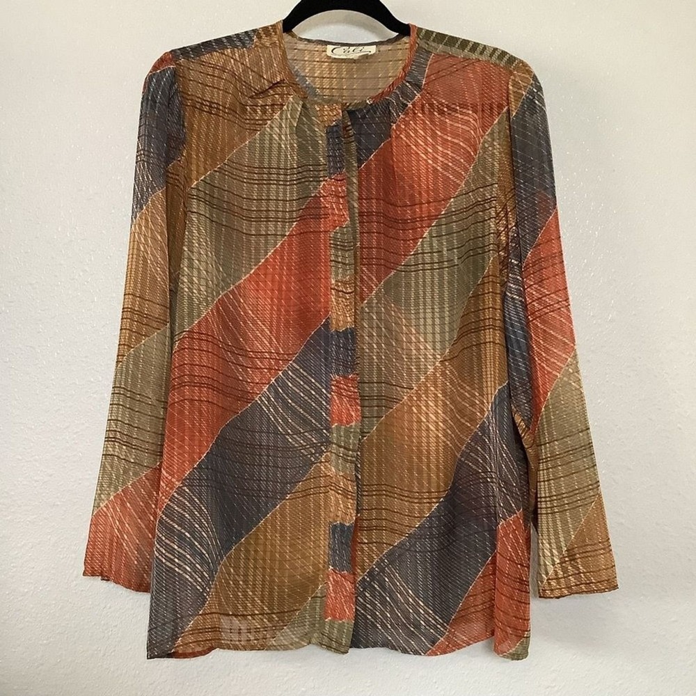 Patchwork‎ Shirt XL 70s Vintage Retro Earthy Sheer Summer Whimsical Lightweight